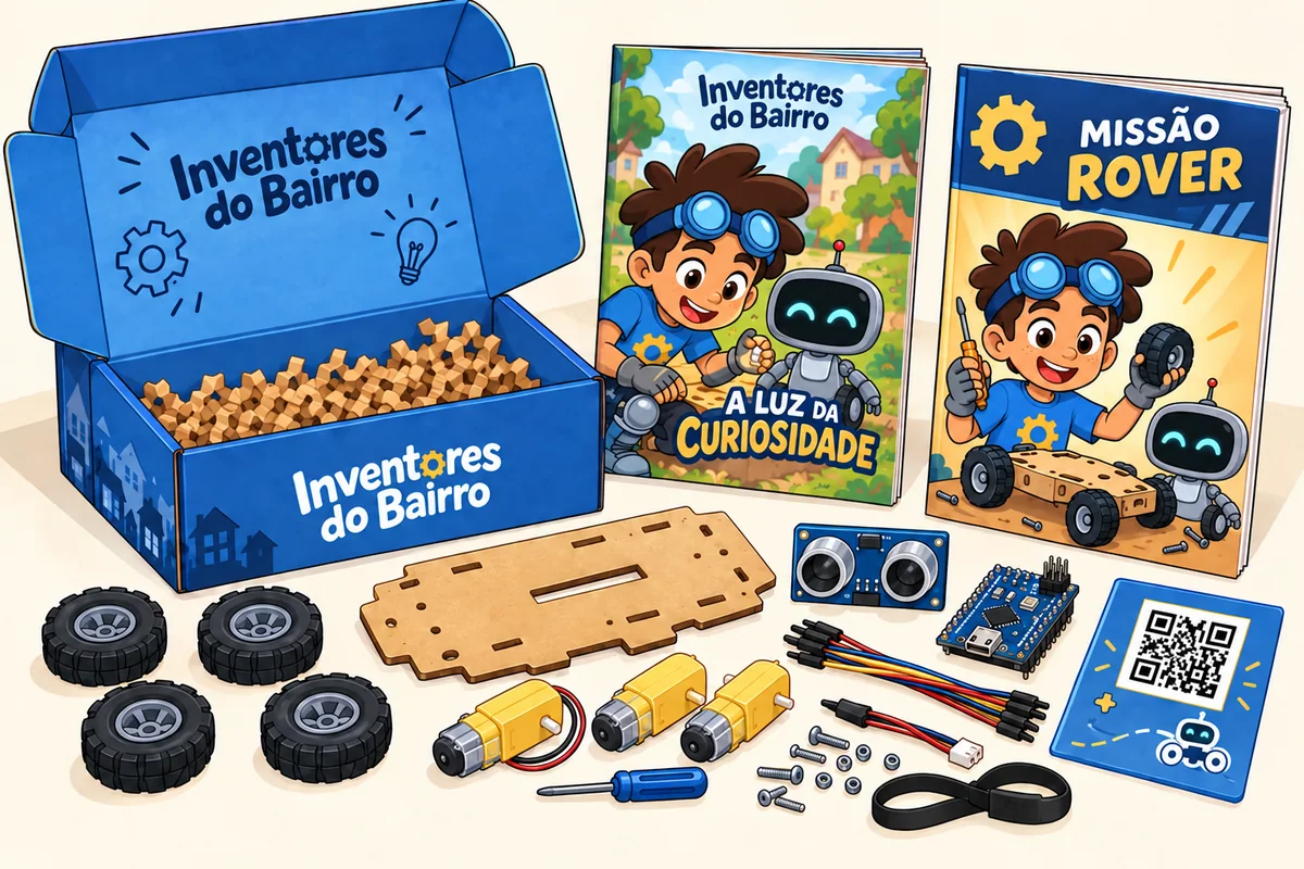 Caixa azul Inventores do Bairro com revista, gibi, peças do Rover e cartão de acesso digital.