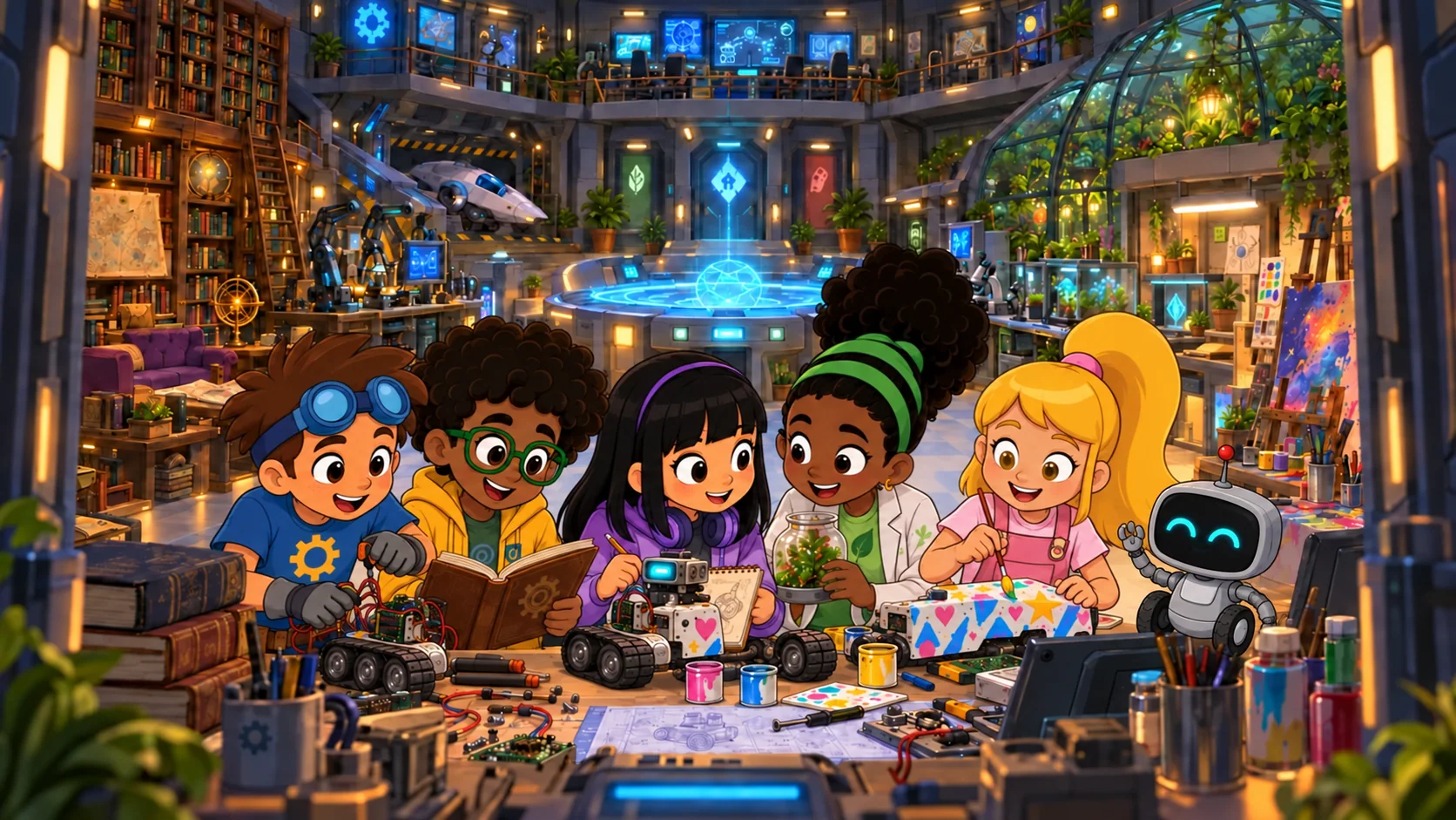 Dudu, Théo, Lia, Nina, Malu e Faísca construindo um Rover no Laboratório Aurora.