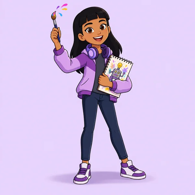 Lia com fones roxos, pincel e caderno de desenhos.
