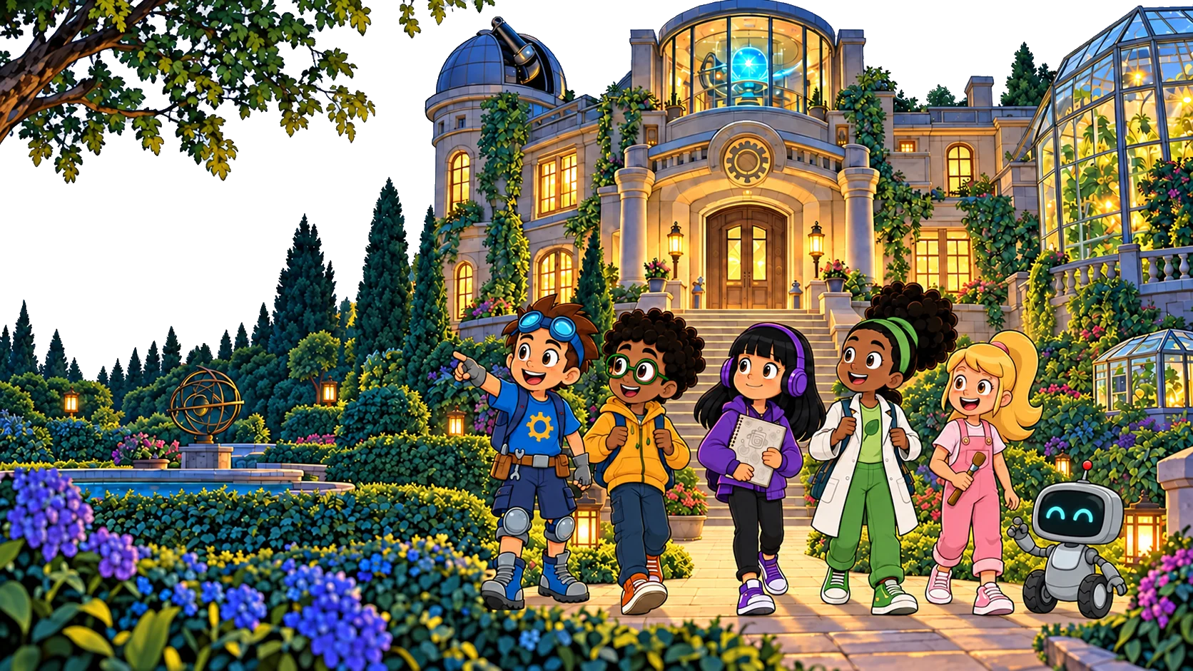 Dudu, Théo, Lia, Nina, Malu e Faísca à frente da mansão iluminada, com observatório e estufa.