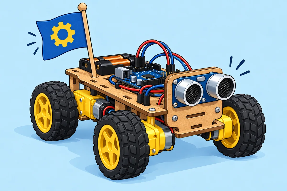 Rover Explorador com chassi de madeira, motores, placa eletrônica e sensor de distância.