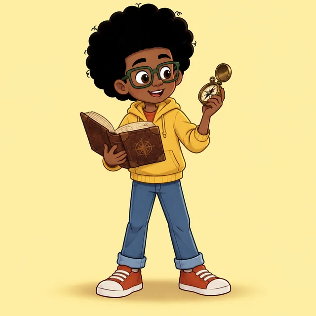 Théo explorando um livro com sua bússola.